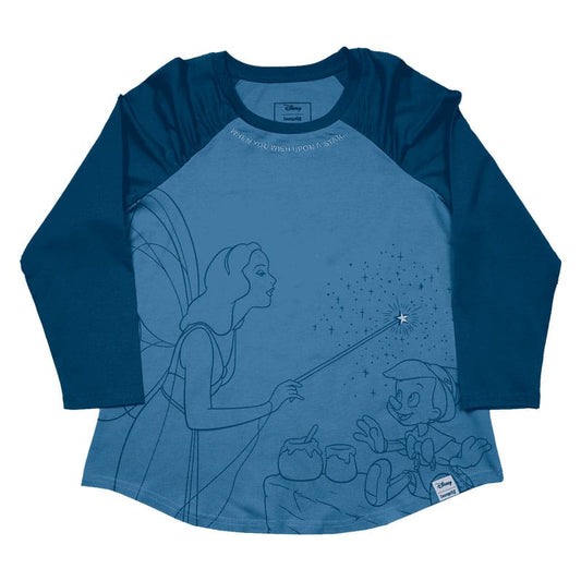 Pinocchio by Loungefly Tee T-Shirt Unisex Blue Fairy Shirred Raglan Size S 0671803546127