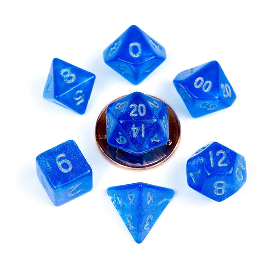 FanRoll Mini Dice Set Stardust Blue with Silver Numbers (7) 0680599384486