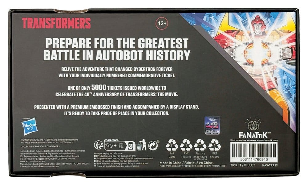Transformers Replica The Movie 40th Anniversary Movie Ticket Limited Edition 9 x 16 cm 5061114760940