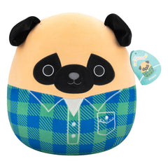 Squishmallows Plush Figure Brown Pug in Green and Blue Flannel Shirt Prince 30 cm          0196566453234