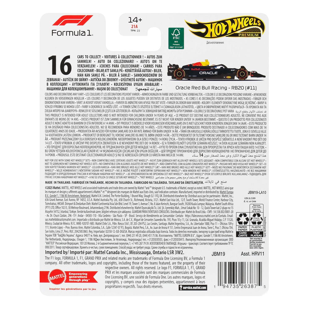Formula 1 Hot Wheels Premium Diecast Vehicle 1/64 Oracle Red Bull Racing RB20 (#11) (Sergio Perez 2024) 0194735263875