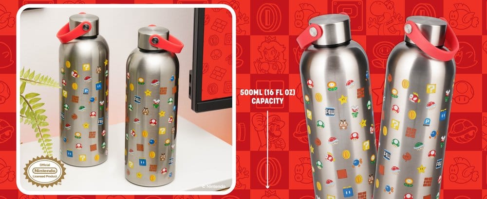 Super Mario Metal Water Bottle with Carry Loop 5056577774849