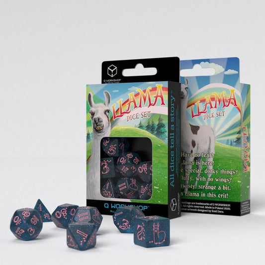 Sparkling Llama Dice Set Glittering dark Blue & Pink (7) 5907699495818