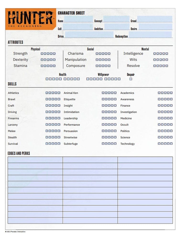 Hunter: The Reckoning 5th Edition RPG Journal Expanded Character Sheet Journal *Englische Version* 9781957311043
