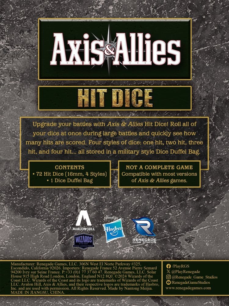 Avalon Hill board game Axis & Allies: Hit Dice Extension 0810011726901