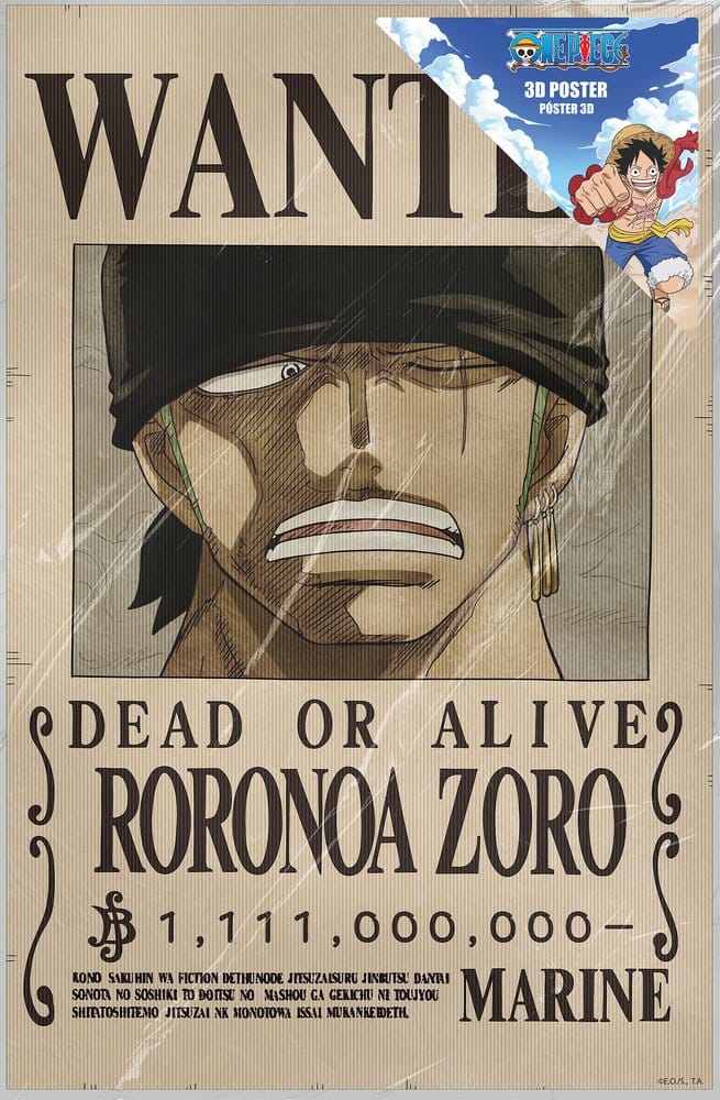 One Piece 3D Poster Wanted Roronoa Zoro 38 x 58 cm 8435450269462