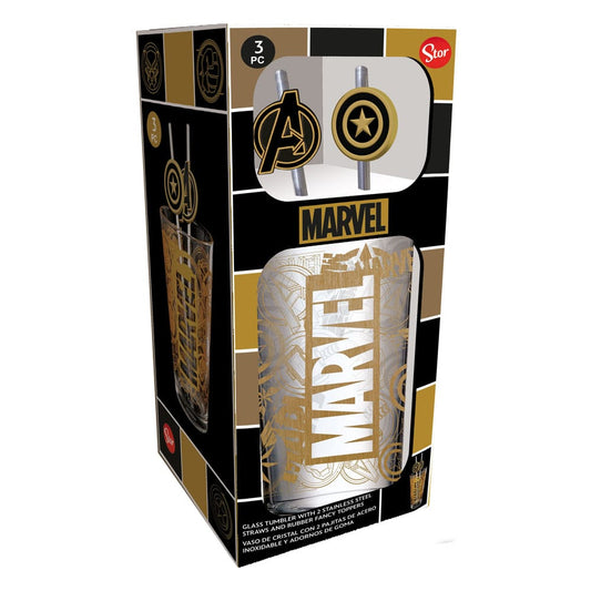 Marvel Glass Tumbler with Straws Logo & Avengers 485 ml 8412497311194