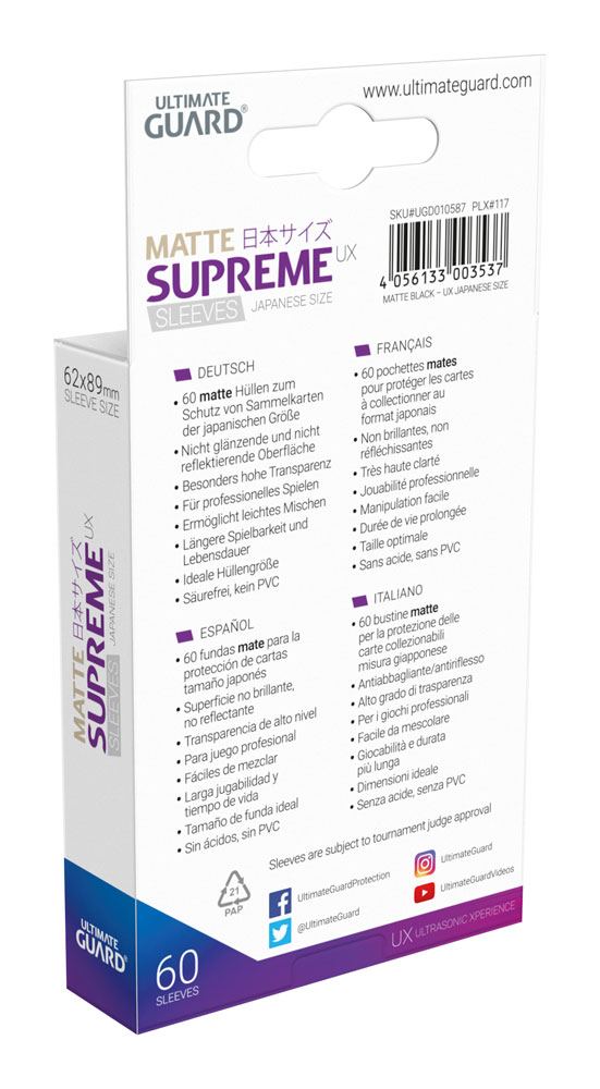 Ultimate Guard Supreme UX Sleeves Japanese Size Matte Black (60) 4056133003537